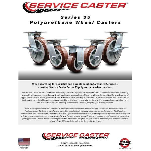 8 Inch Polyurethane Caster Brakes/Swivel Locks and 2 Rigid, 2PK